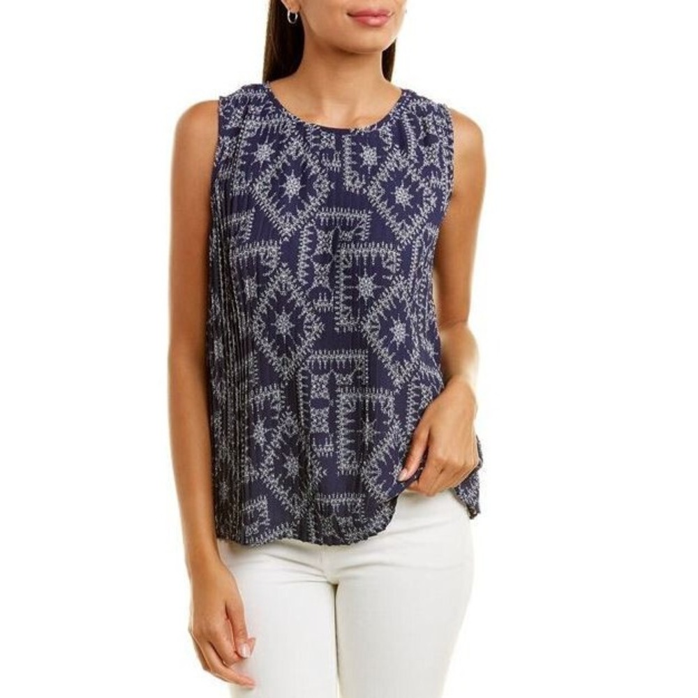 Nanette Lepore Women Navy Blue Geometric Print Pleated Blouse NW2S171U4 XS